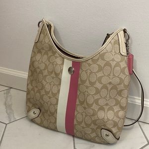 Coach Classic Signature Chelsea Heritage Shoulder Bag with Pink and White Stripe